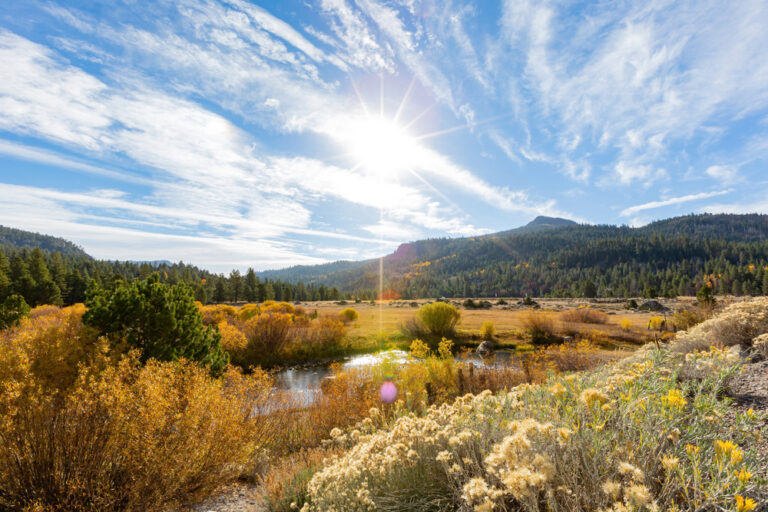 Water and mountains surrounded by fall colors in Lake Tahoe